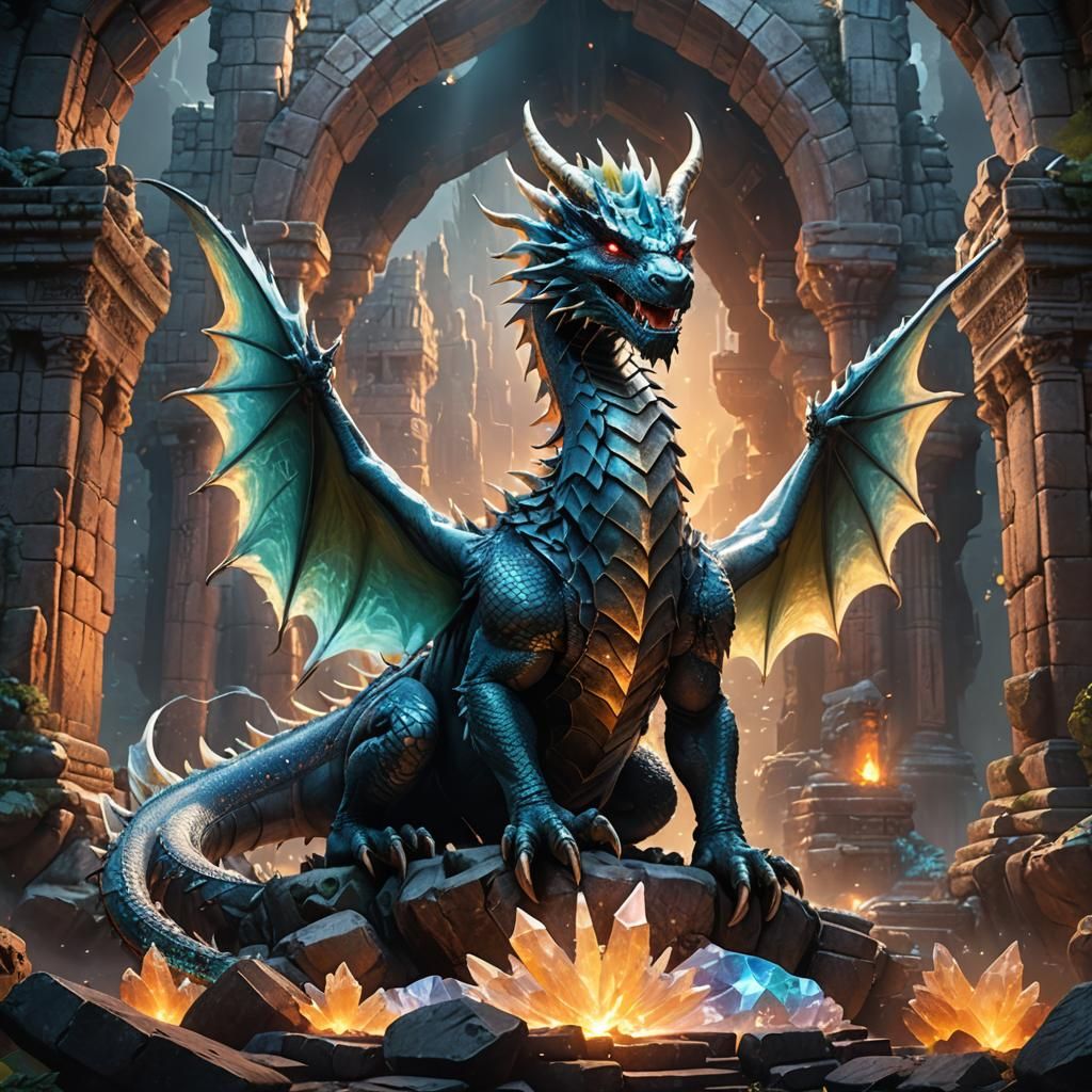 Majestic Dragon on Crystalline Ruins: Fantasy Concept Art