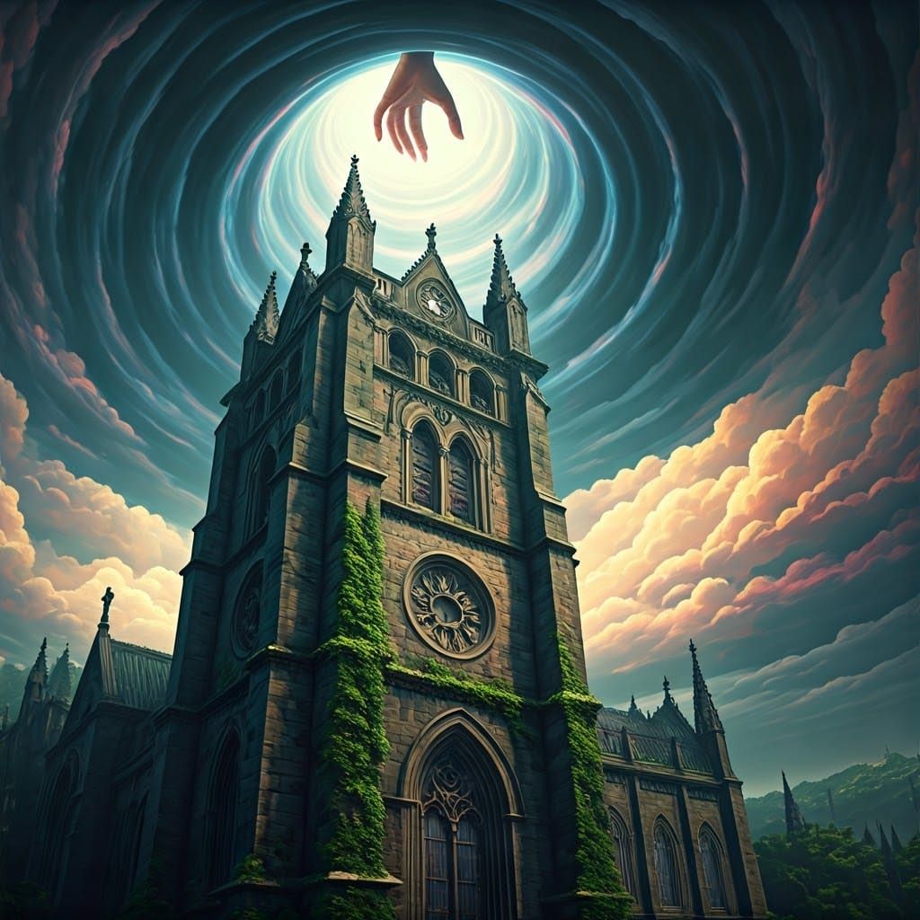 Divine Hand Touches Gothic Church in Dramatic Matte Painting