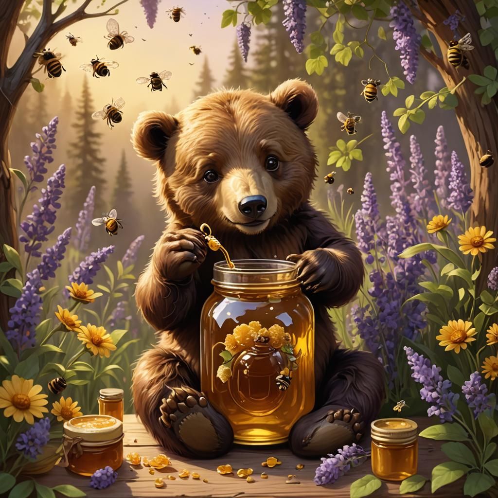 Brown Baby Bear sitting down dipping his Paw into a Jar of H...