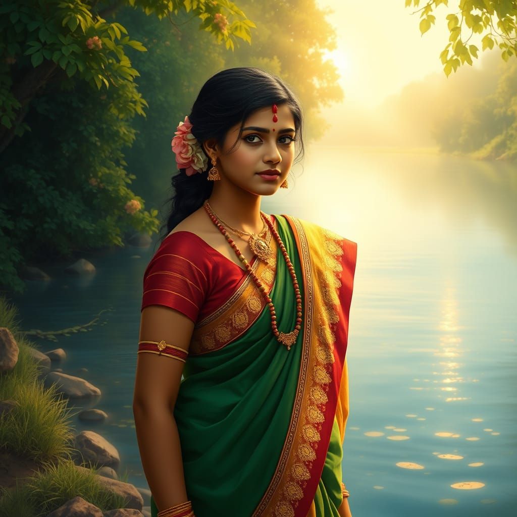 Indian Goddess of the River in Lush Greenery