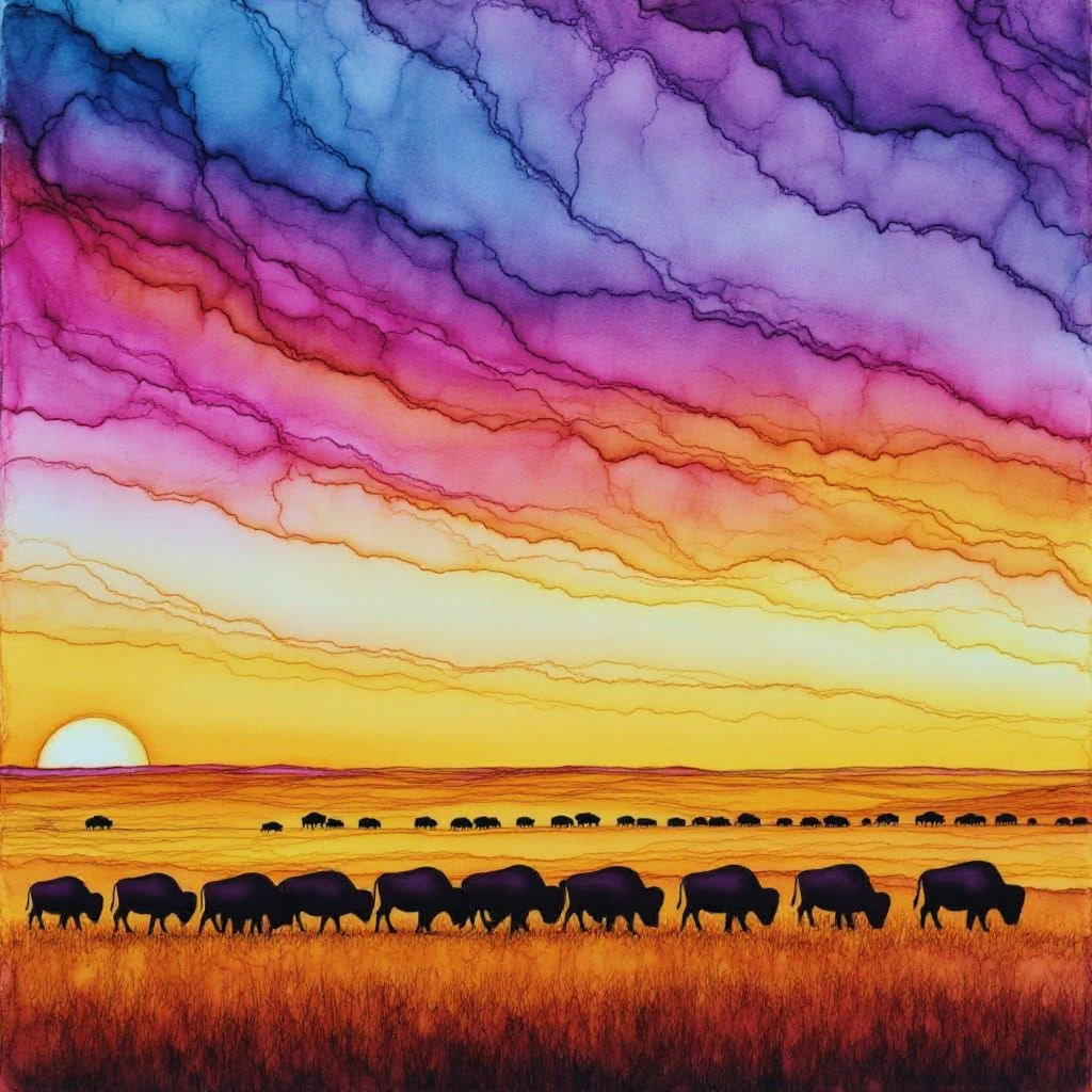 Bison Herd on Prairie in Alcohol Ink Style