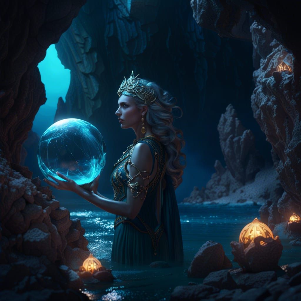 Sea Witch in Aegean Cave: Detailed Matte Painting