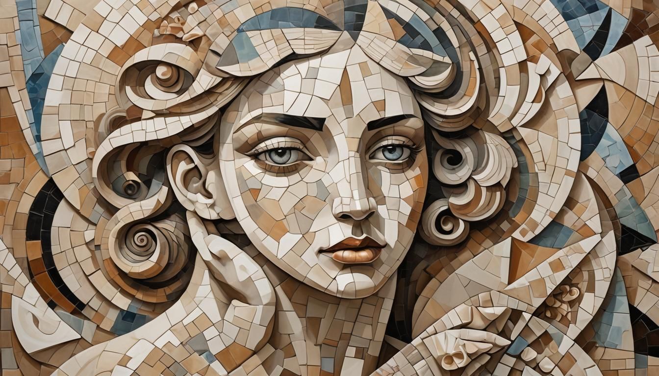 Cubist Seashell Envelops Woman in Picasso Style