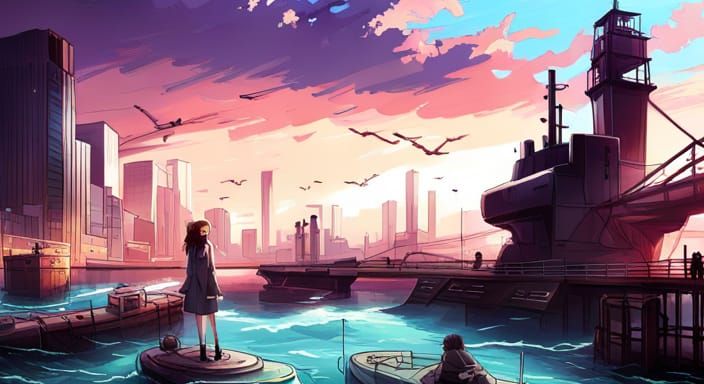 Military Submarine at Navy Yard Harbour in Anime Style