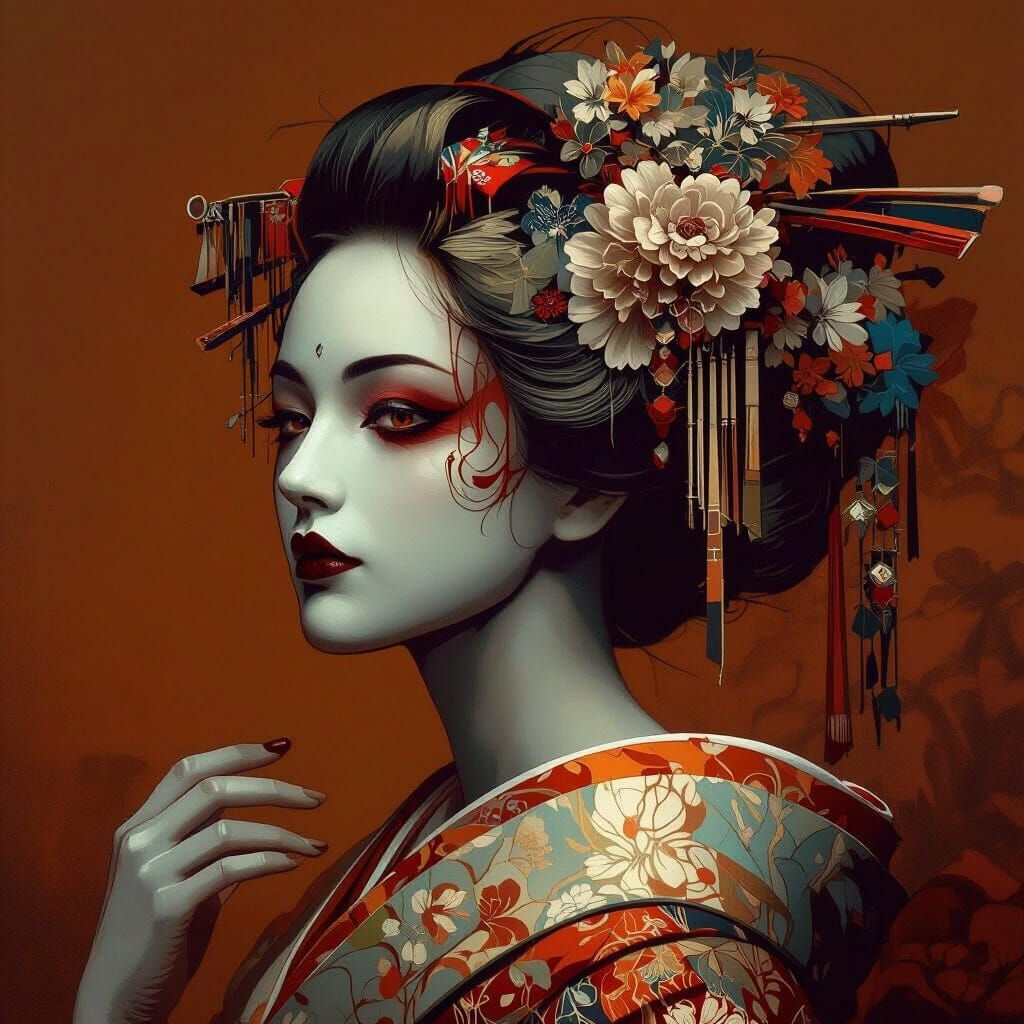 Geisha in Serene Temple with Gradient Lighting