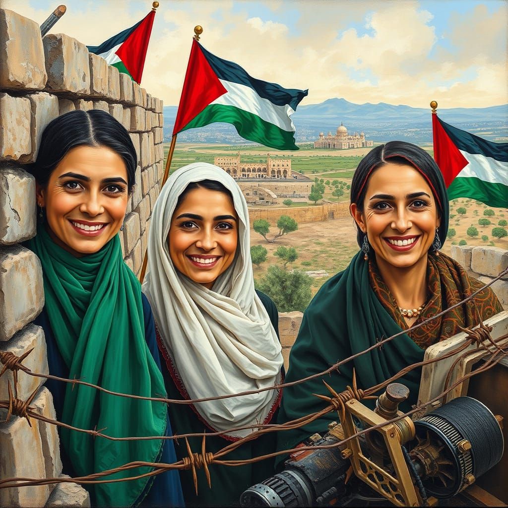 Palestinian Faces Amidst War and Serenity in Vibrant Oil Pai...