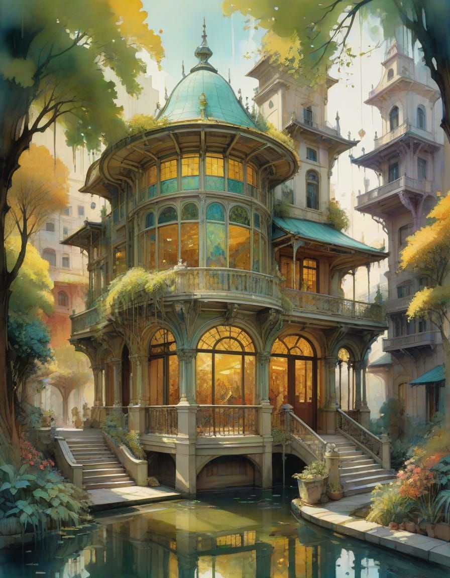 Elaborate Architecture in Art Nouveau Watercolor