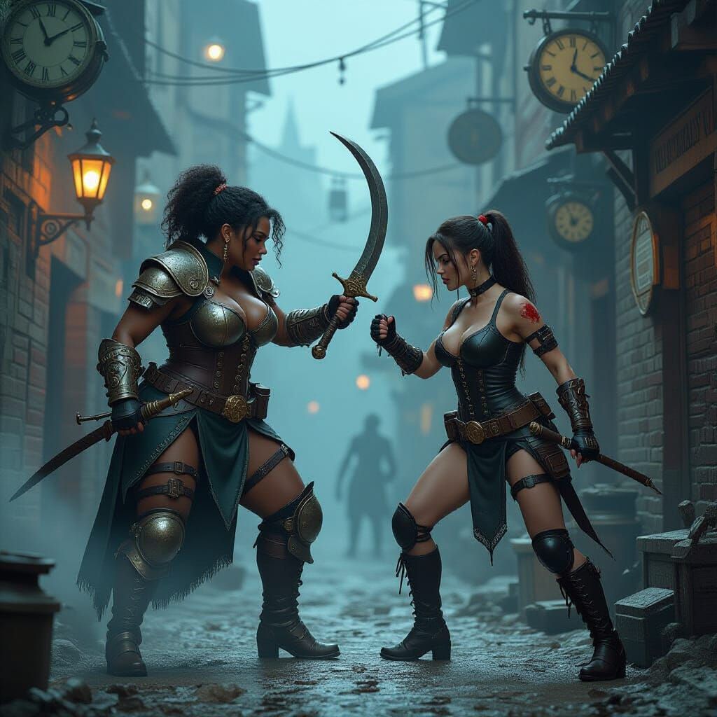 Steampunk Alley Battle: Two Women Clash