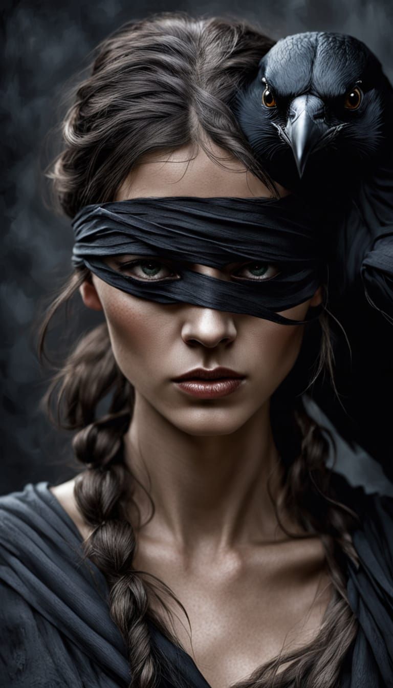 Dark Portrait: Woman with Crow and Blindfold