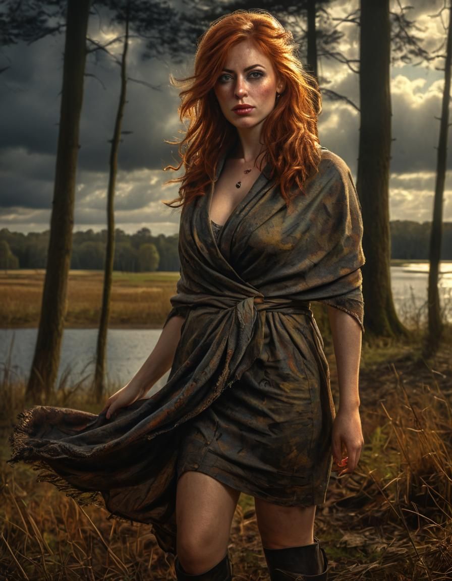 Auburn Woman in Field: Chiaroscuro Oil Painting