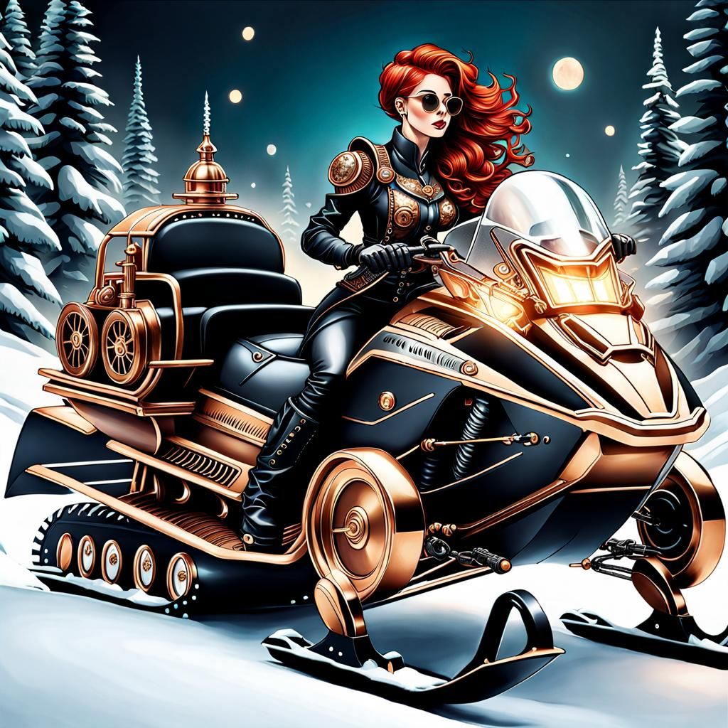 Steampunk Girl on Snowmobile: Hyperrealistic Illustration
