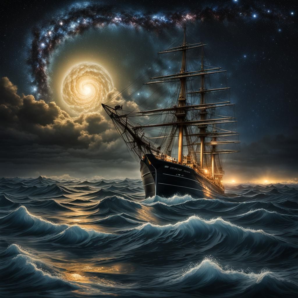 Hyperrealistic Ship Sails Starry Night Seas