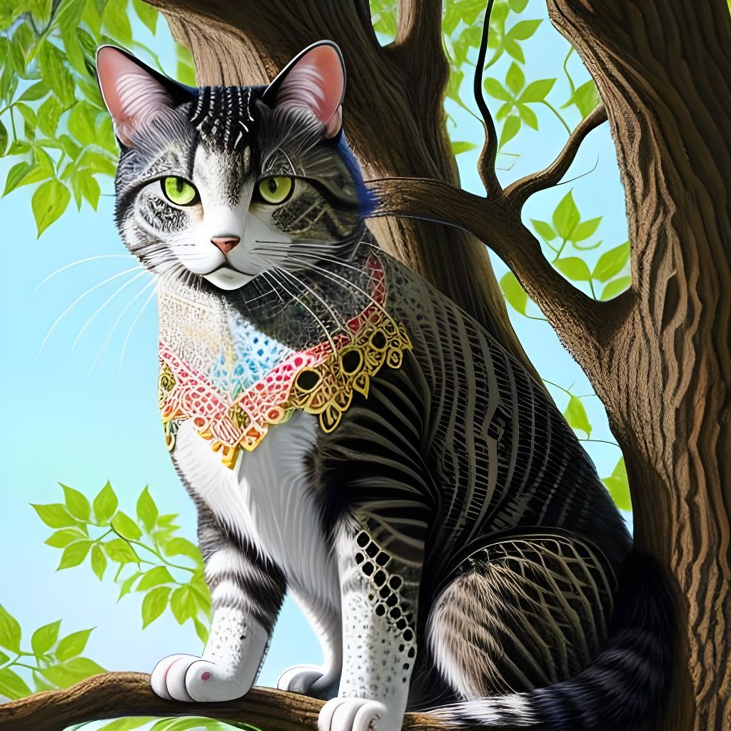 Colorful Pointillist Cat in Tree