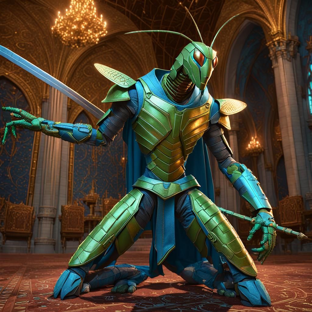 Armored Praying Mantis Warrior in Castle Room