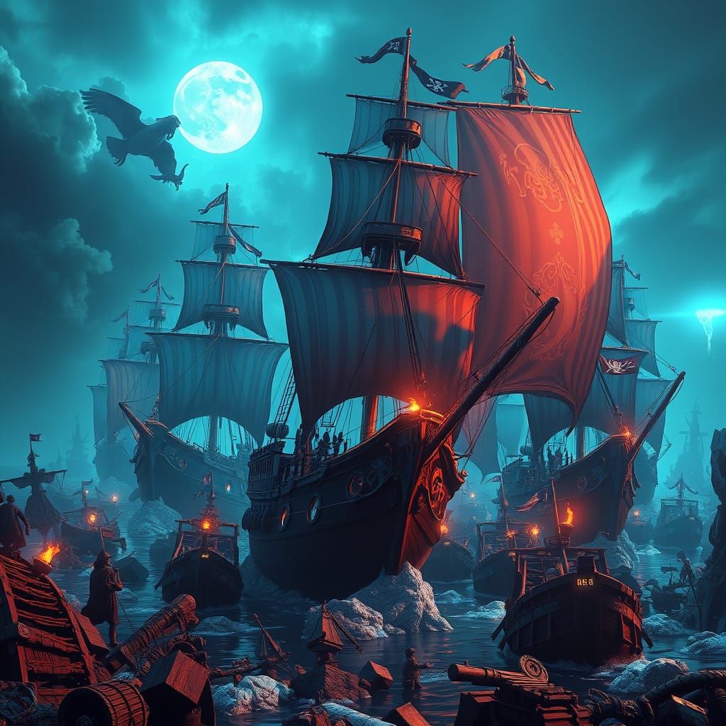 Ocean Graveyard of Pirate Ships: Detailed Matte Painting