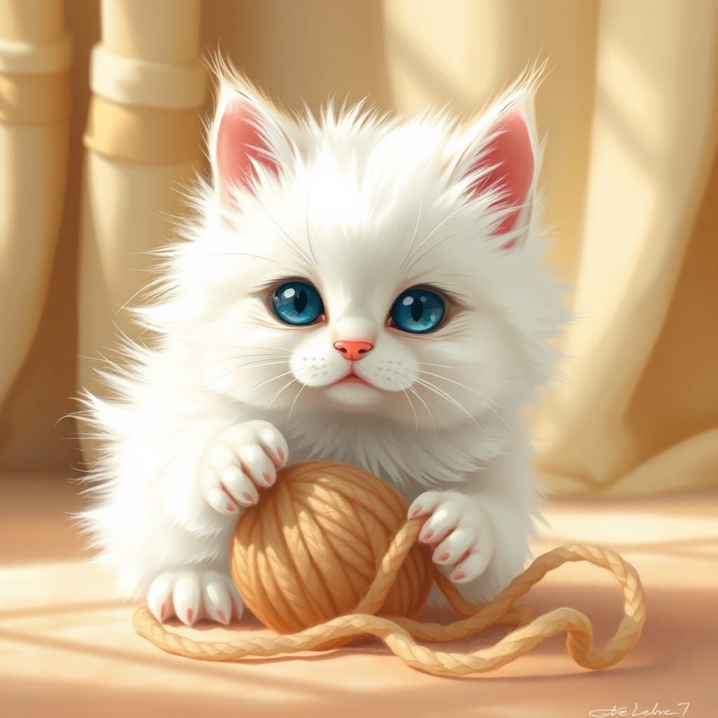 Fluffy Kitten Playing: Whimsical Illustration