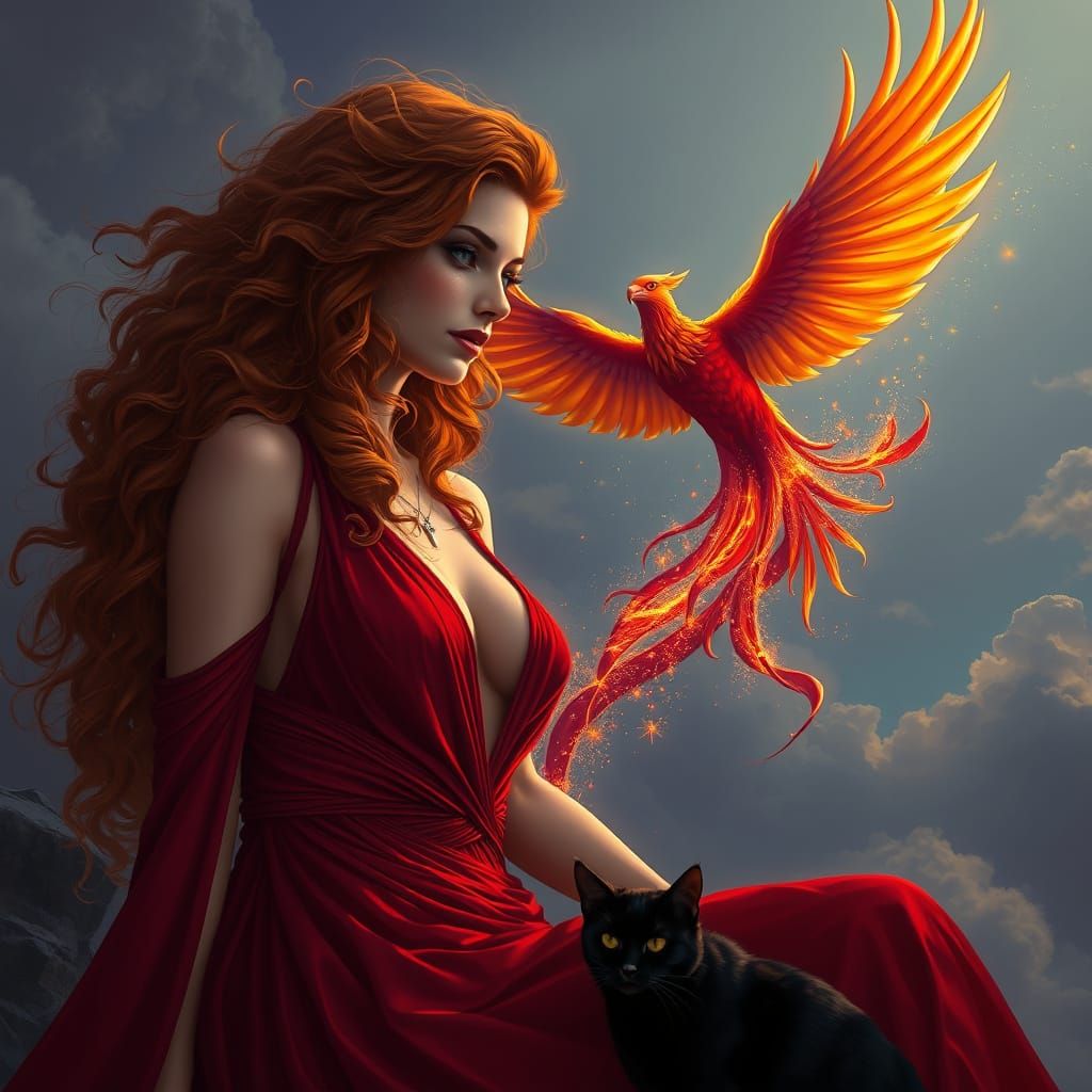 Ginger Woman in Red Dress with Phoenix and Cat