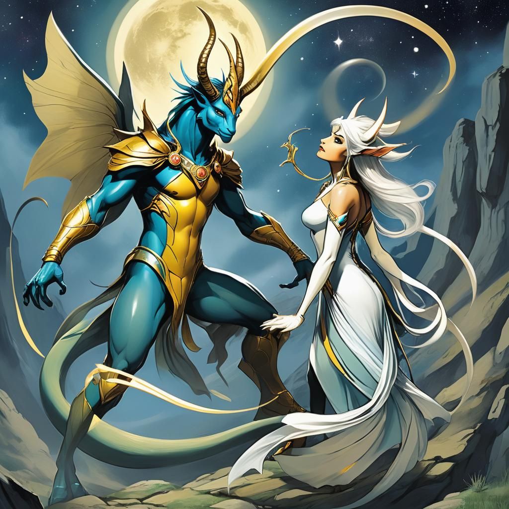 Ophion and Eurynome: A Surreal Comic Book Scene