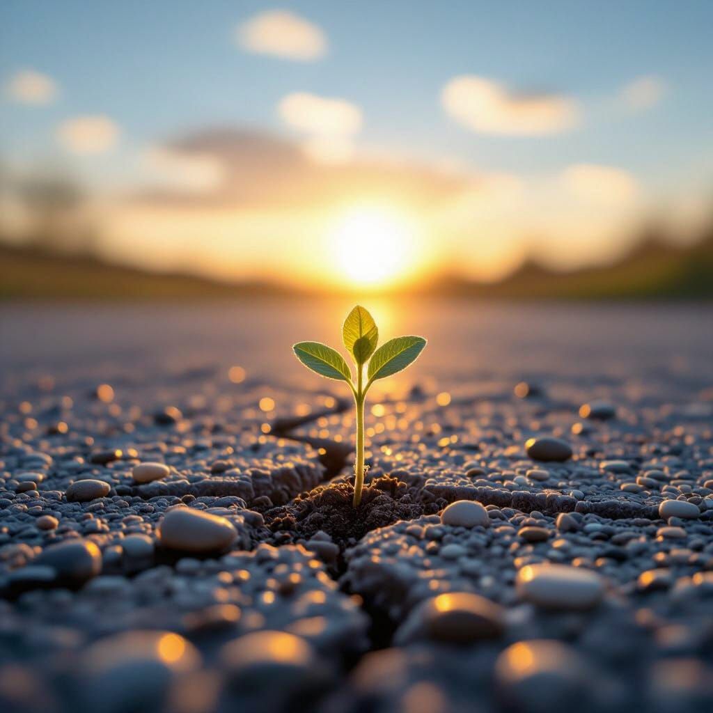 Sprout Pushing Through Concrete at Dawn