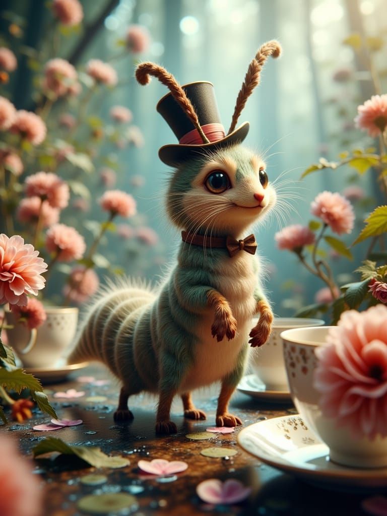 Caterpillar's Whimsical Garden Party in Storybook Illustrati...