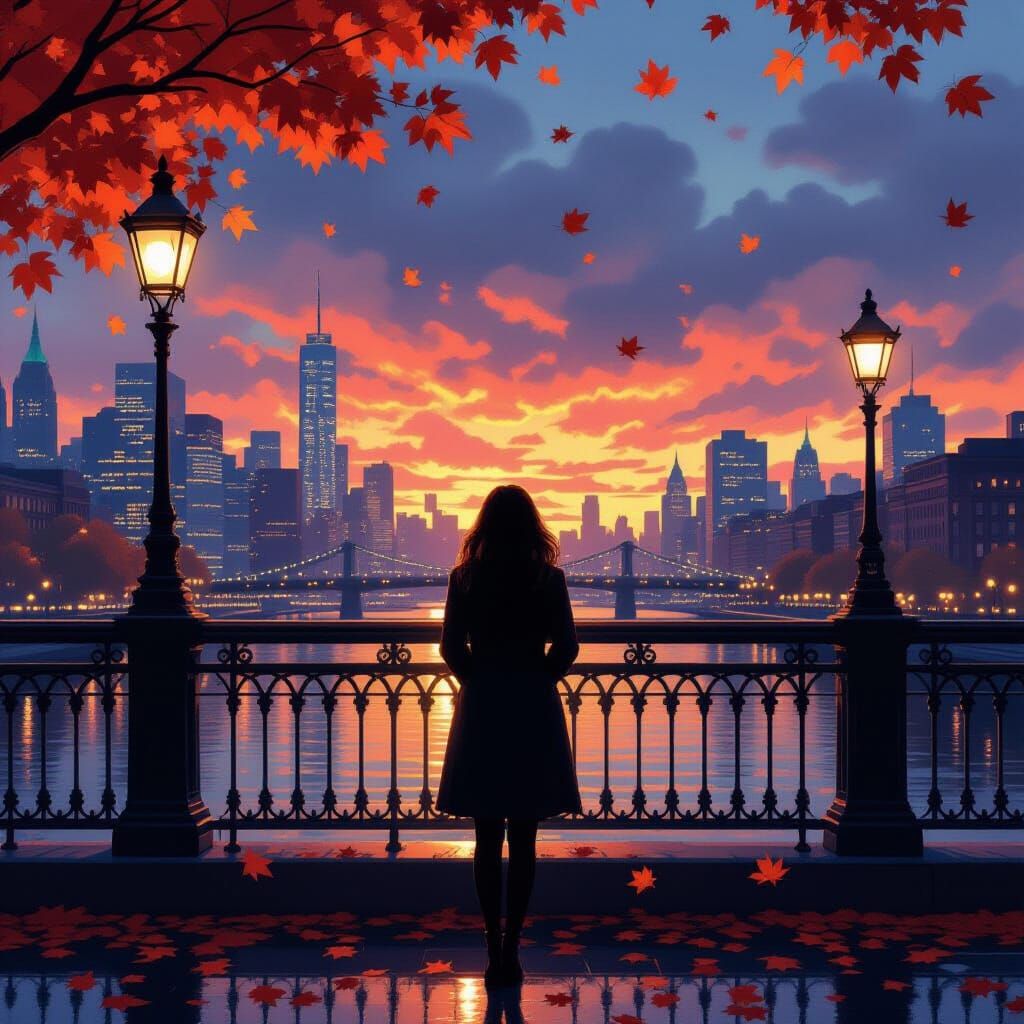 Woman on Bridge Over City at Dusk, Autumn Leaves