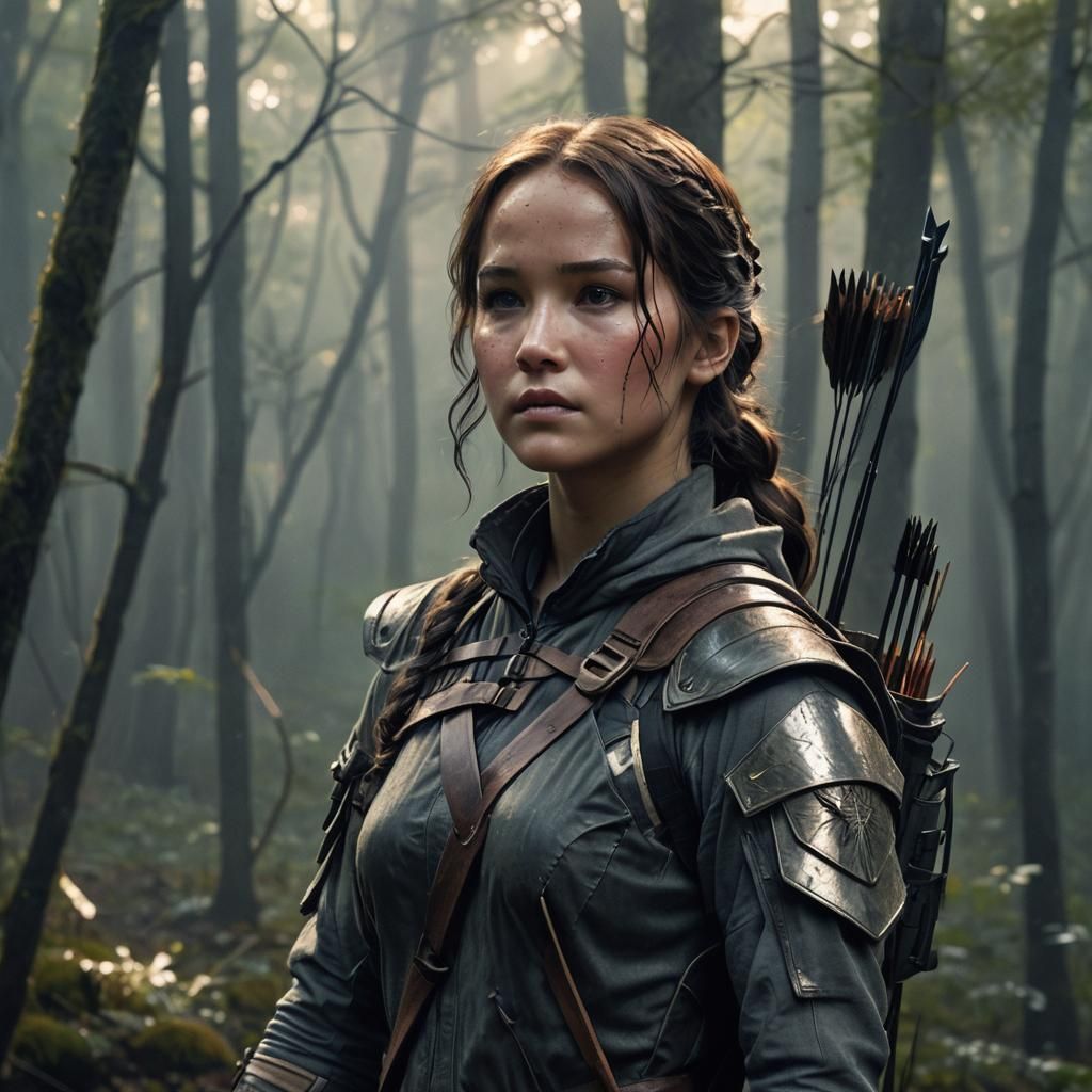 Katniss Everdeen in Misty Forest: Realistic Anime Portrait
