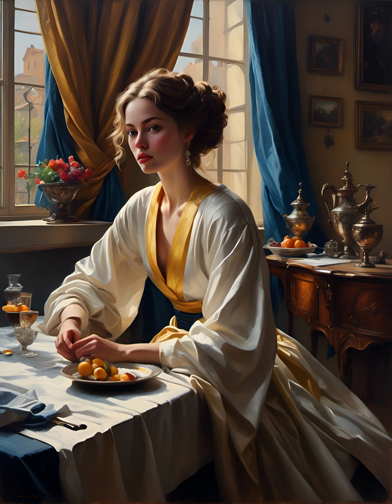 Hyperrealistic Woman in Golden Light, Vermeer Style