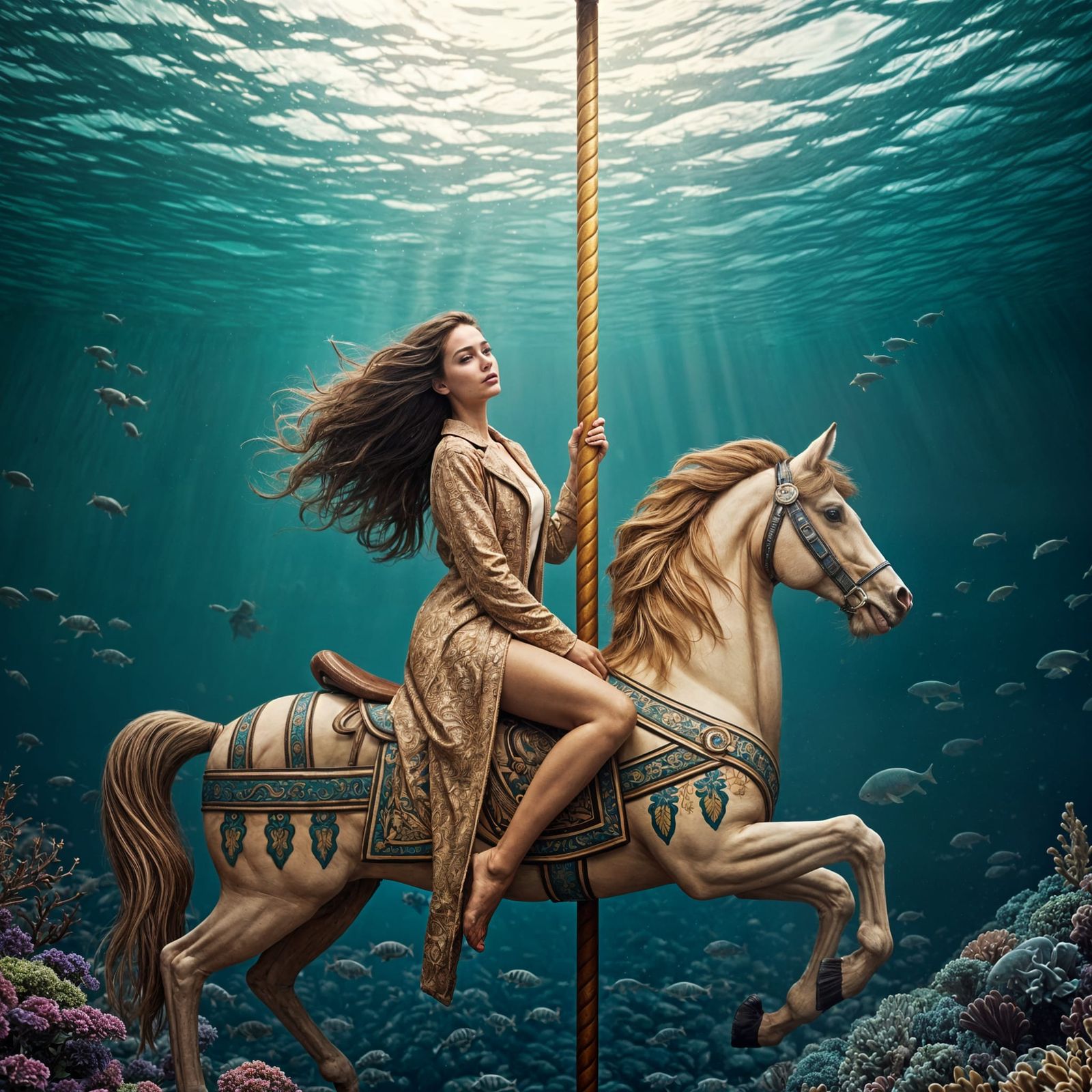 Surreal Carousel Scene with a Brunette Woman