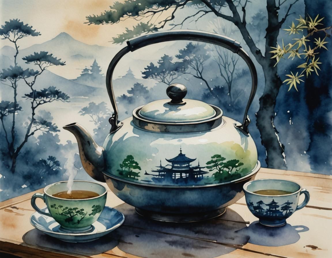 Japanese Tea Kettle and Cup in Watercolor Style