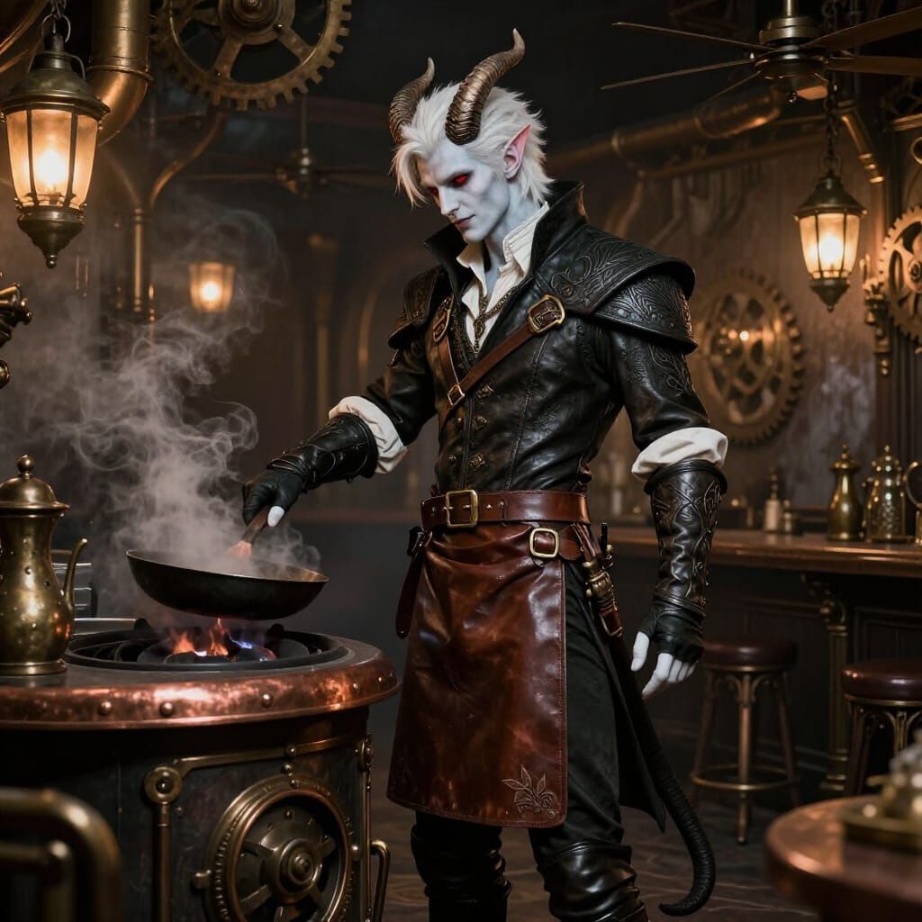 Handsome Tiefling Chef in Gothic Steampunk Tavern