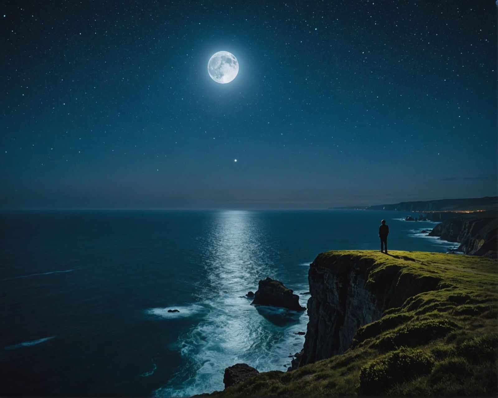 Bioluminescent Ocean Under Moonlight, Cliffside View