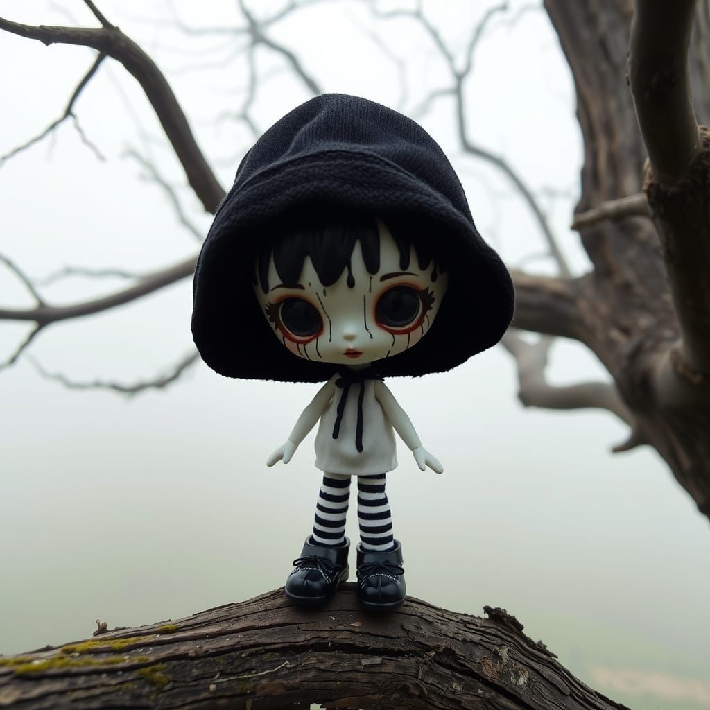 Chibi Fairy Doll Standing on Dead Tree Branch