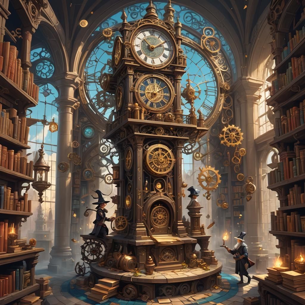 A whimsical clock tower with intricate gears , surrounded by floating magic books and a young wizard apprentice