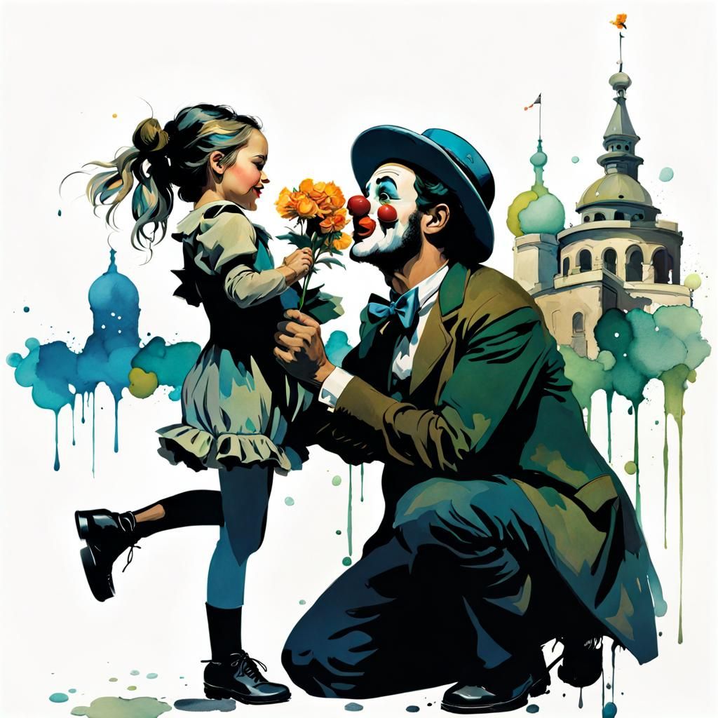 Clown Presents Flower to Girl: Ink and Watercolor Art