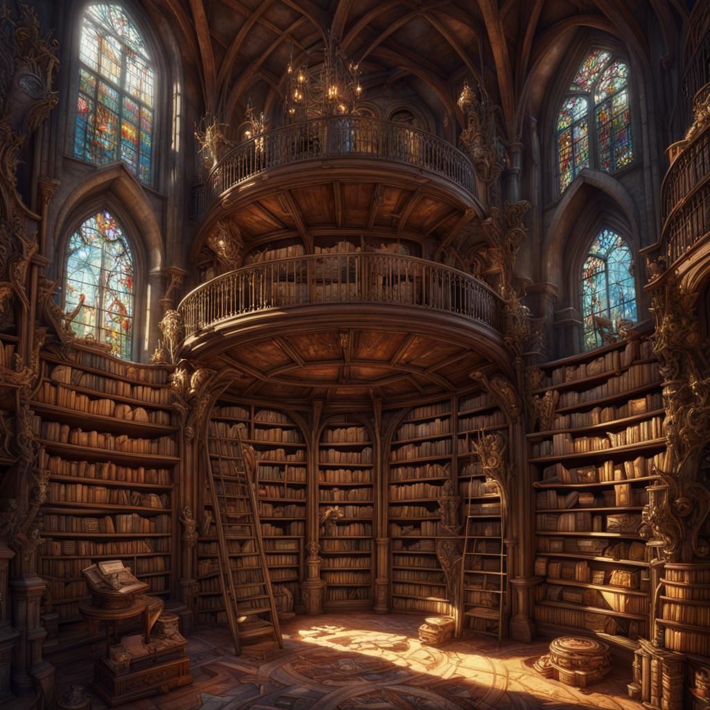 Labyrinth Library with Stained Glass Windows, Fantasy Art
