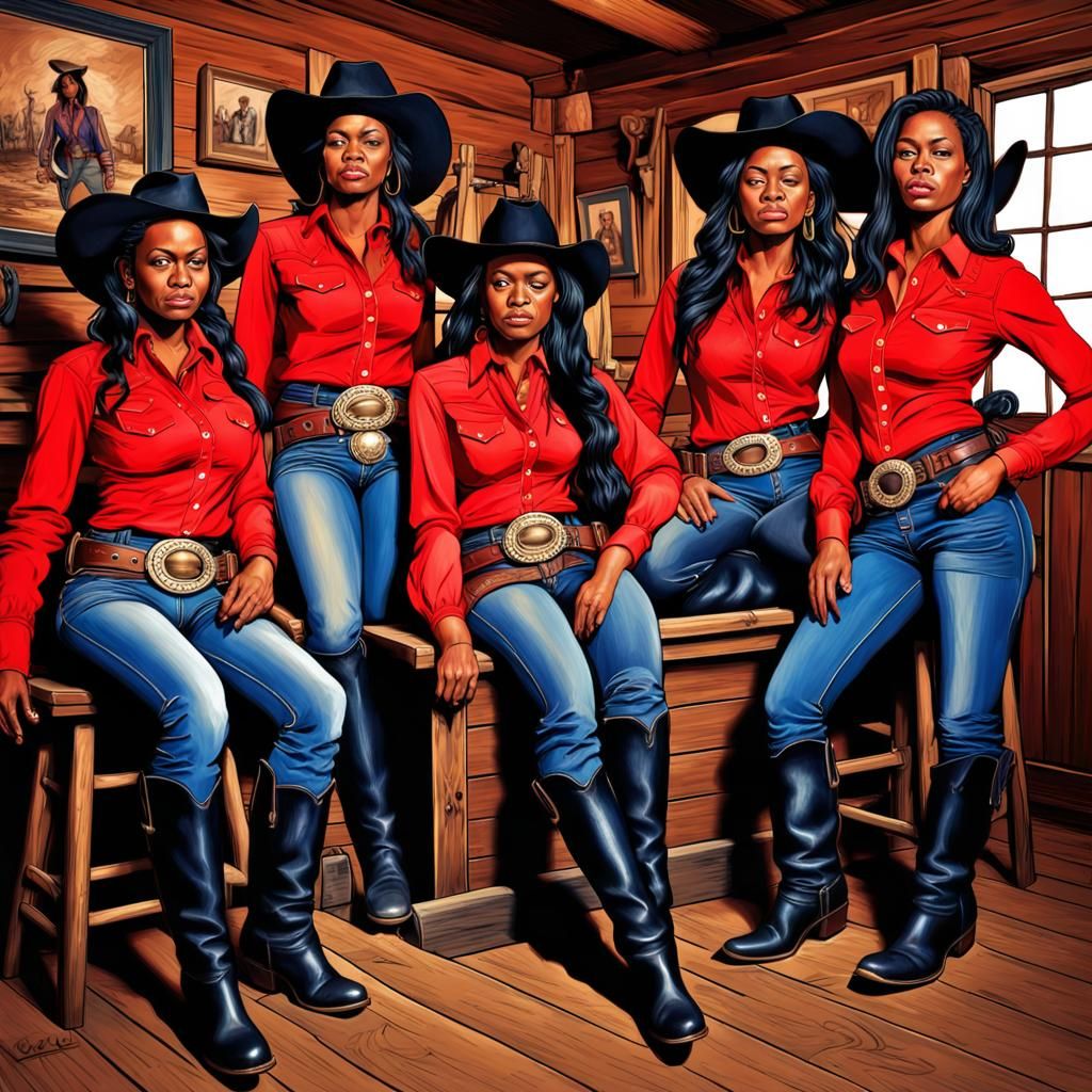 Black Cowgirls in Old West Saloon: Hyperrealistic Art