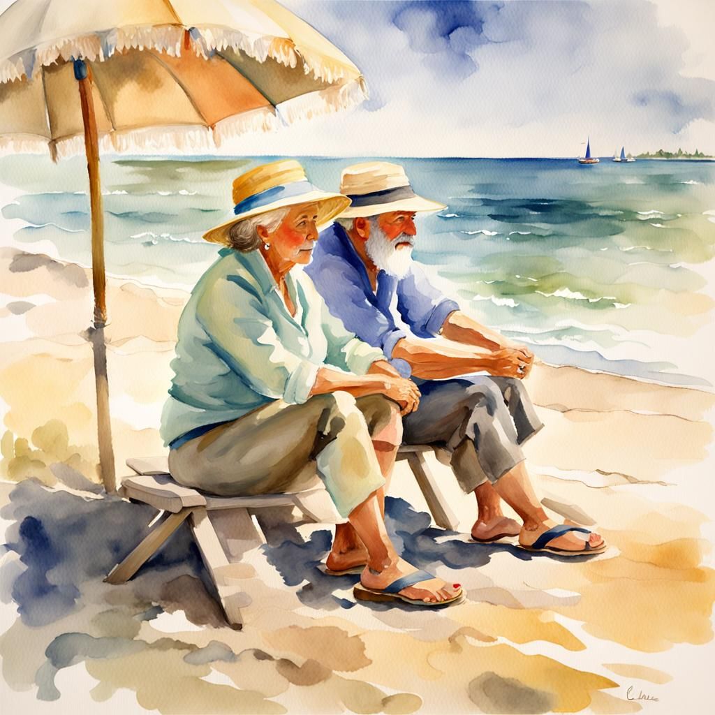 Ethereal Watercolor Beach Scene in Impressionist Style