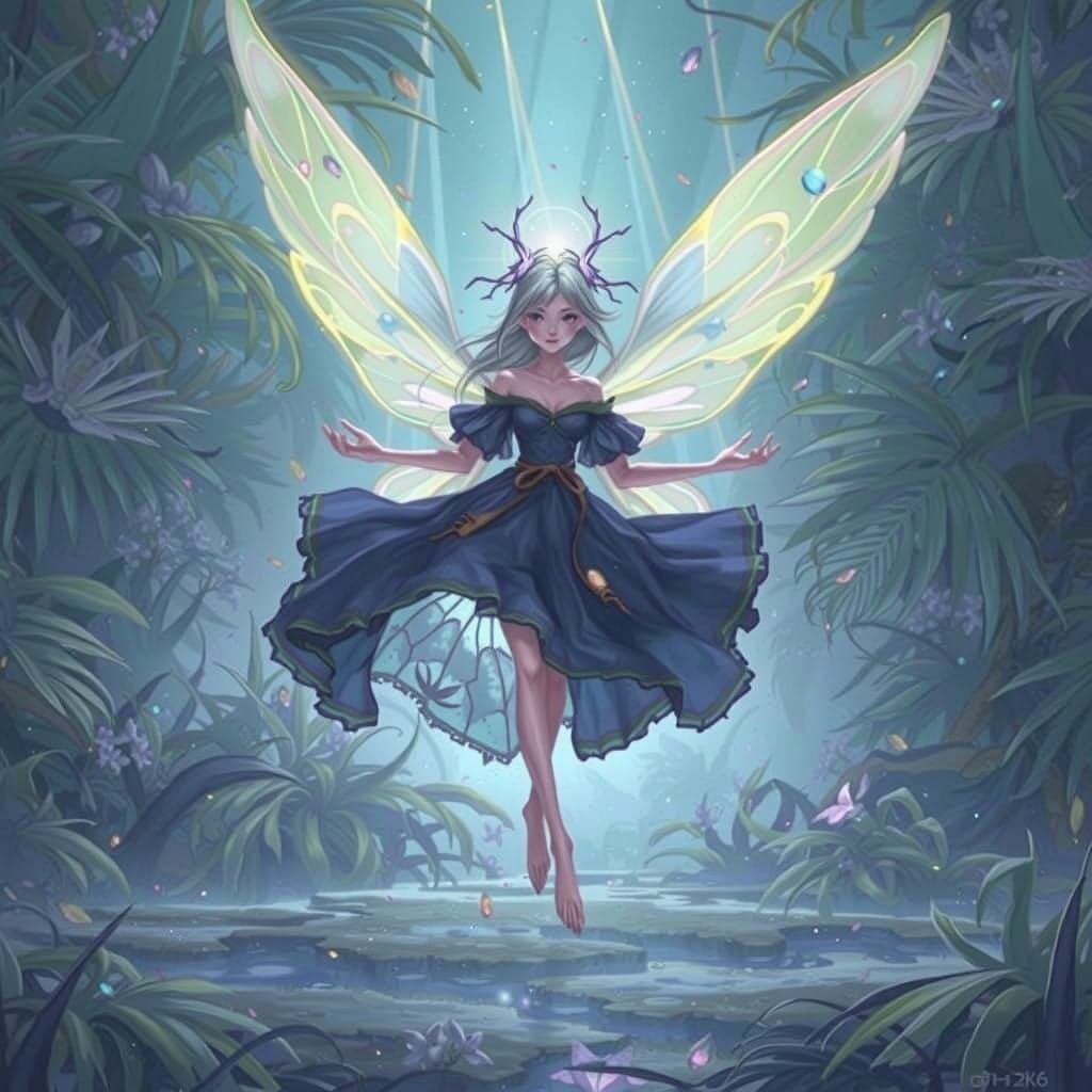 Ethereal Fairy Amidst Vibrant Foliage in a Dreamlike Landsca...