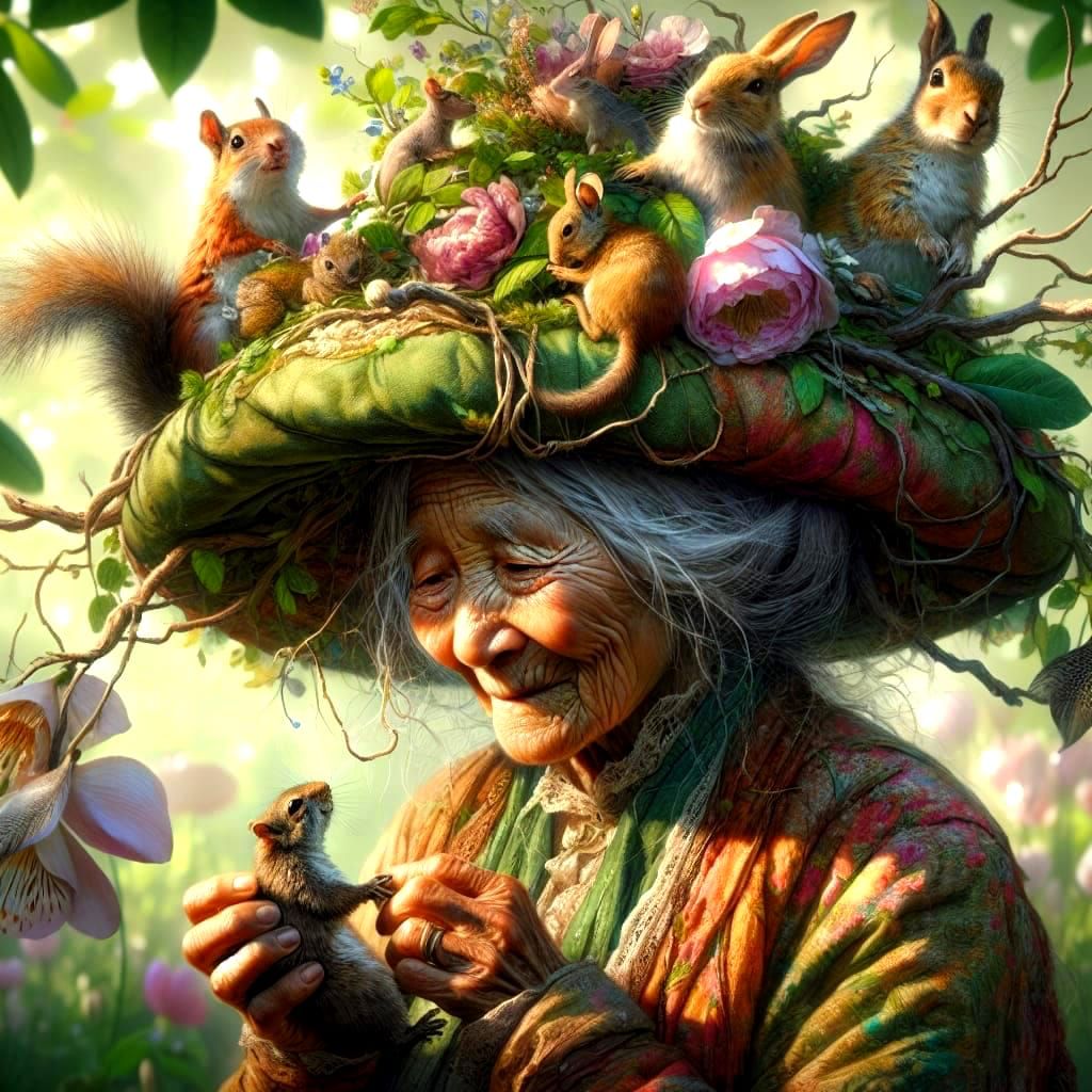 Elderly Woman's Whimsical Hat in Dream Garden