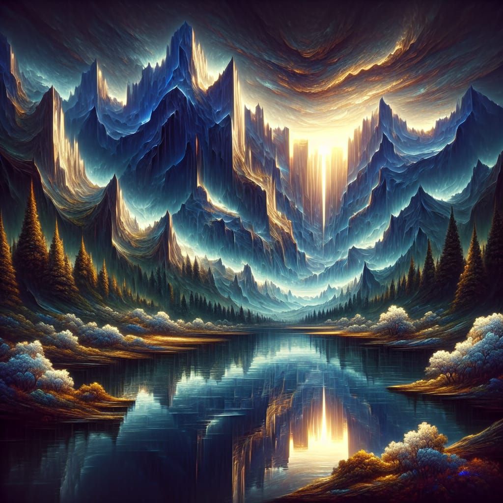 Maximalist Mountain Lake Reflection in Fantasy Art Style