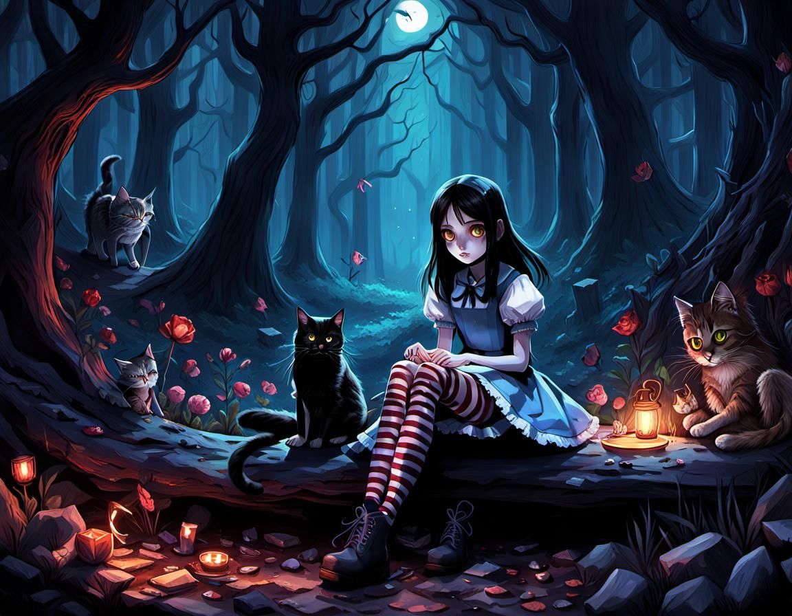 Anime Gouache: Girl with Cheshire Cat in Forest