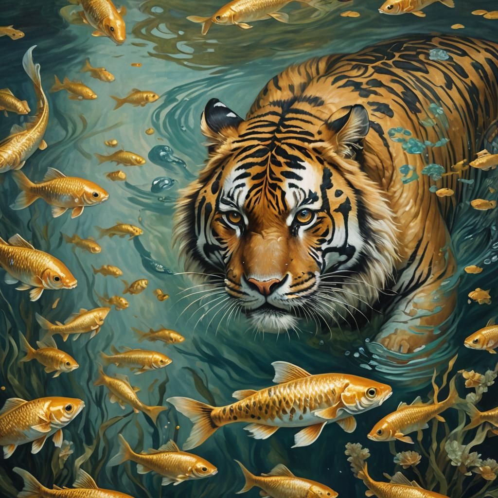 Tiger Swimming Underwater in Baroque Oil Painting