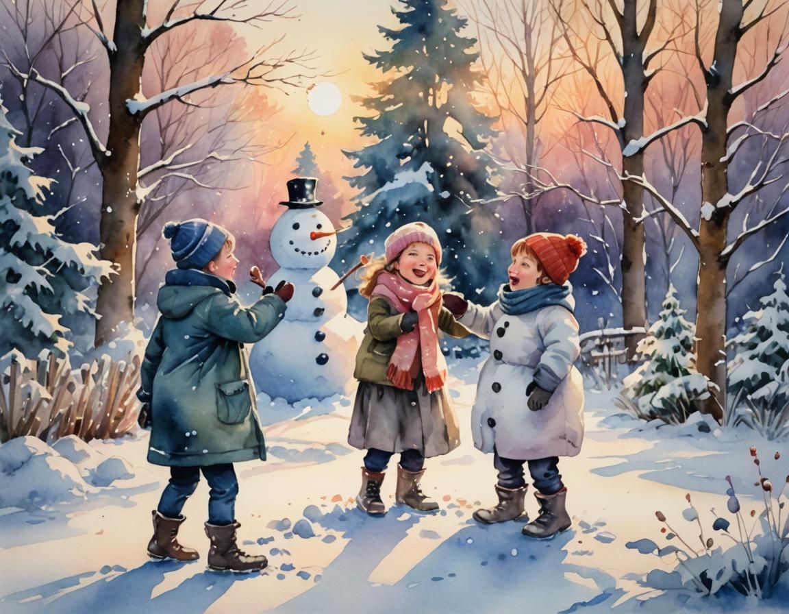 Children's Winter Fun in Snowy Garden