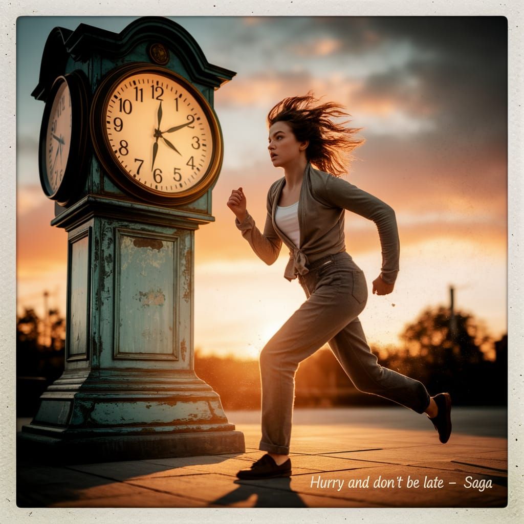 Young Woman Runs by Clock Tower in Golden Light