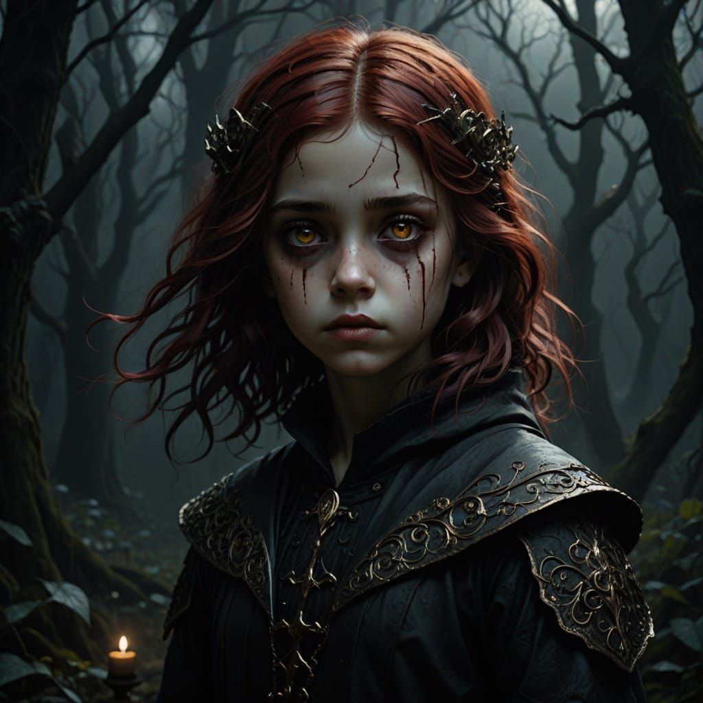 Dark Red Haired Child in a Tim Burton-Inspired Gothic Scene