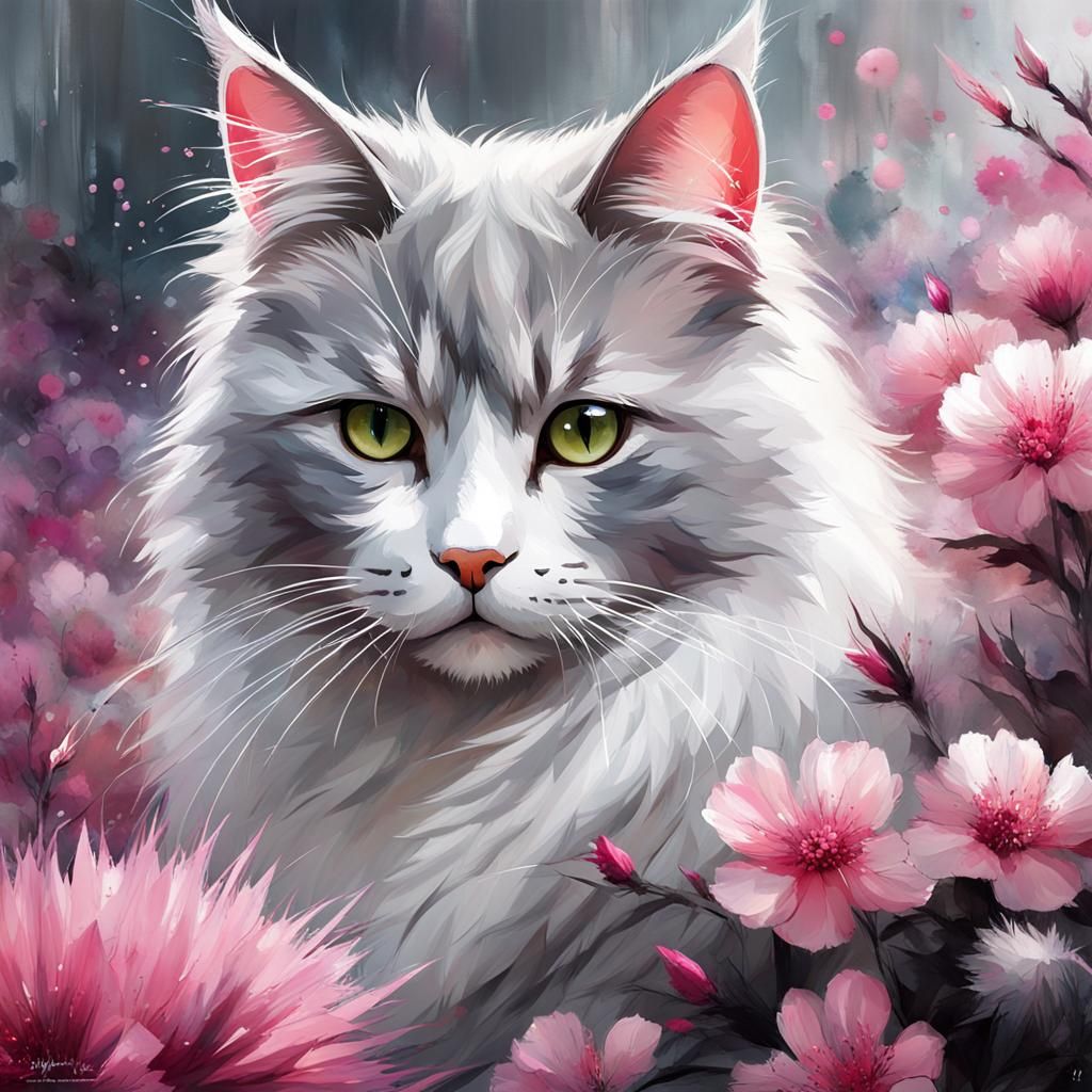 Gray and White Cat with Pink Flowers