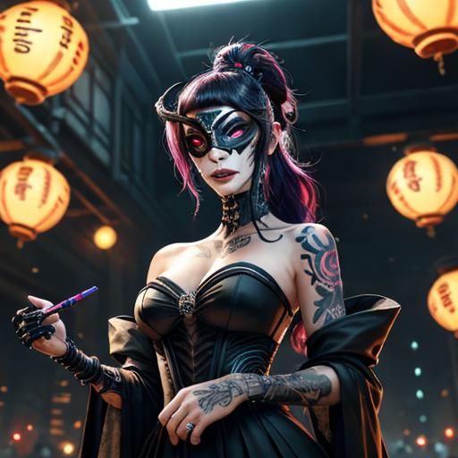 Cyberpunk Woman in Mask with Neon Lanterns