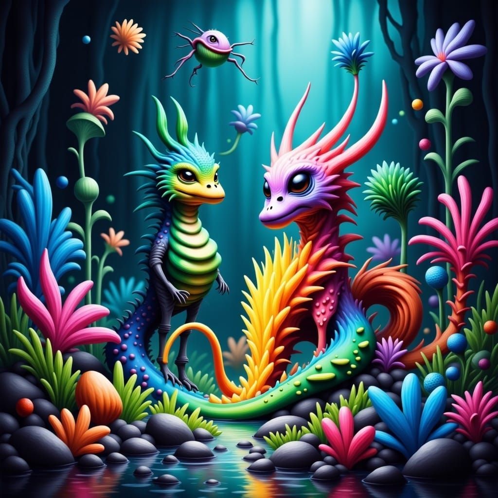 Incredible, Iridescent Maximalist Biome Creatures in Vibrant...