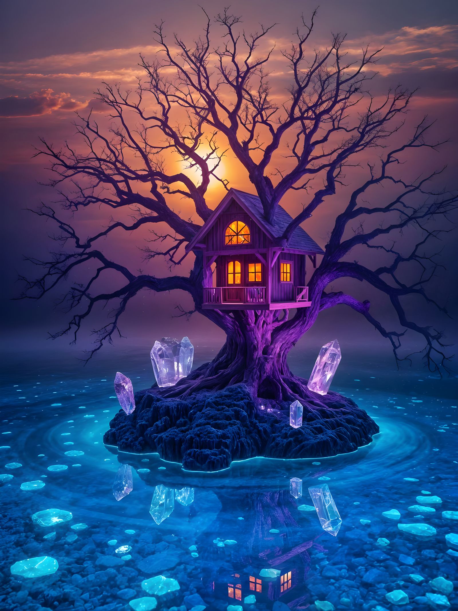 Crystal Treehouse in Vibrant Sunset on a Purple Crystal Plan...