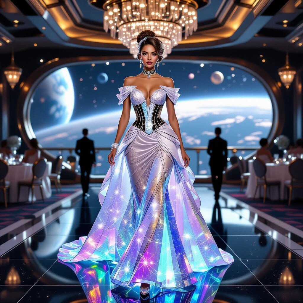 Futuristic Victorian Woman in Fiber Optic Dress on Space Sta...